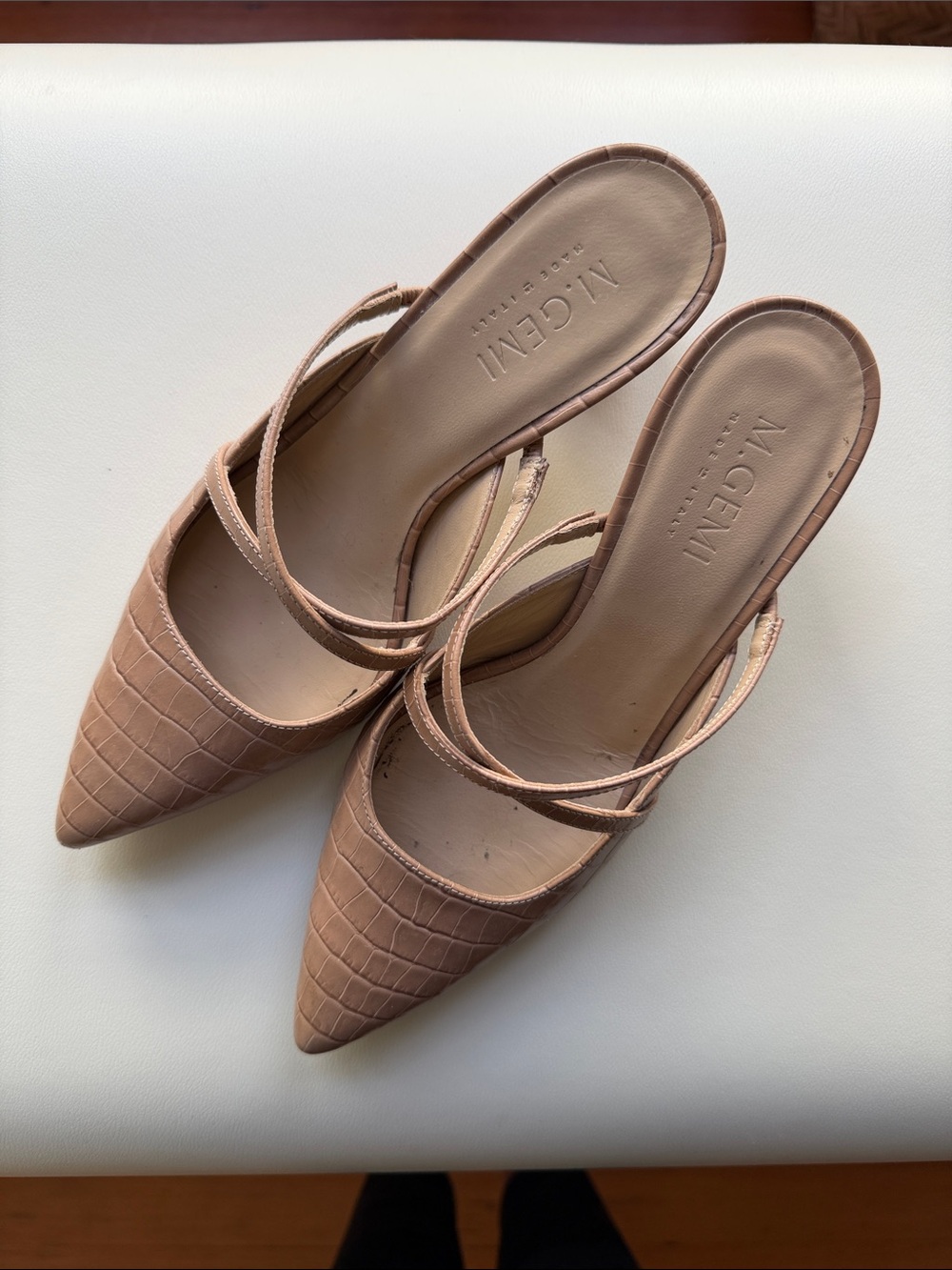 M.Gemi Nude Croc-Embossed Pointed Toe Slingback Heels